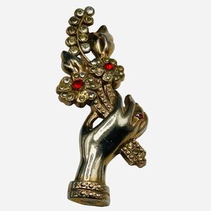 Vintage 1940’s Potmetal Rhinestone Hand Flower Brooch
